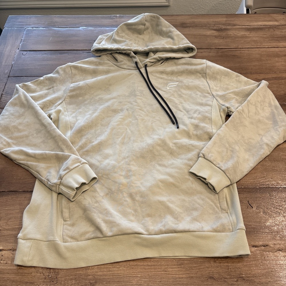 Fabletics‎ Hoodie Men L Beige Pullover Zip Pockets Minimalist Logo Athleisure